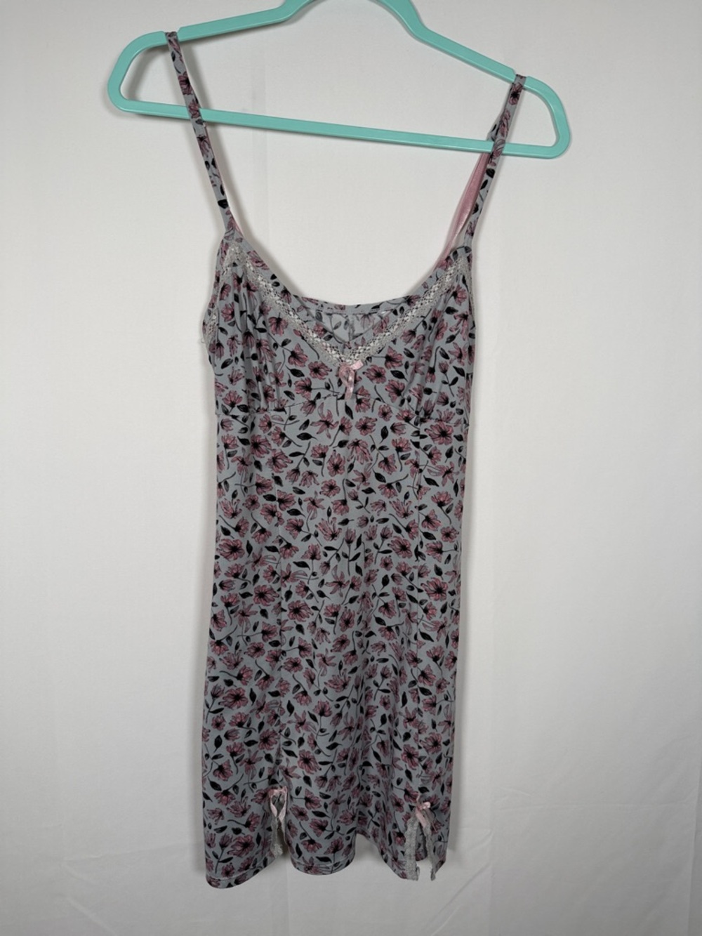 Floral Lace Trim Babydoll Slip Dress with Small Pink Bows